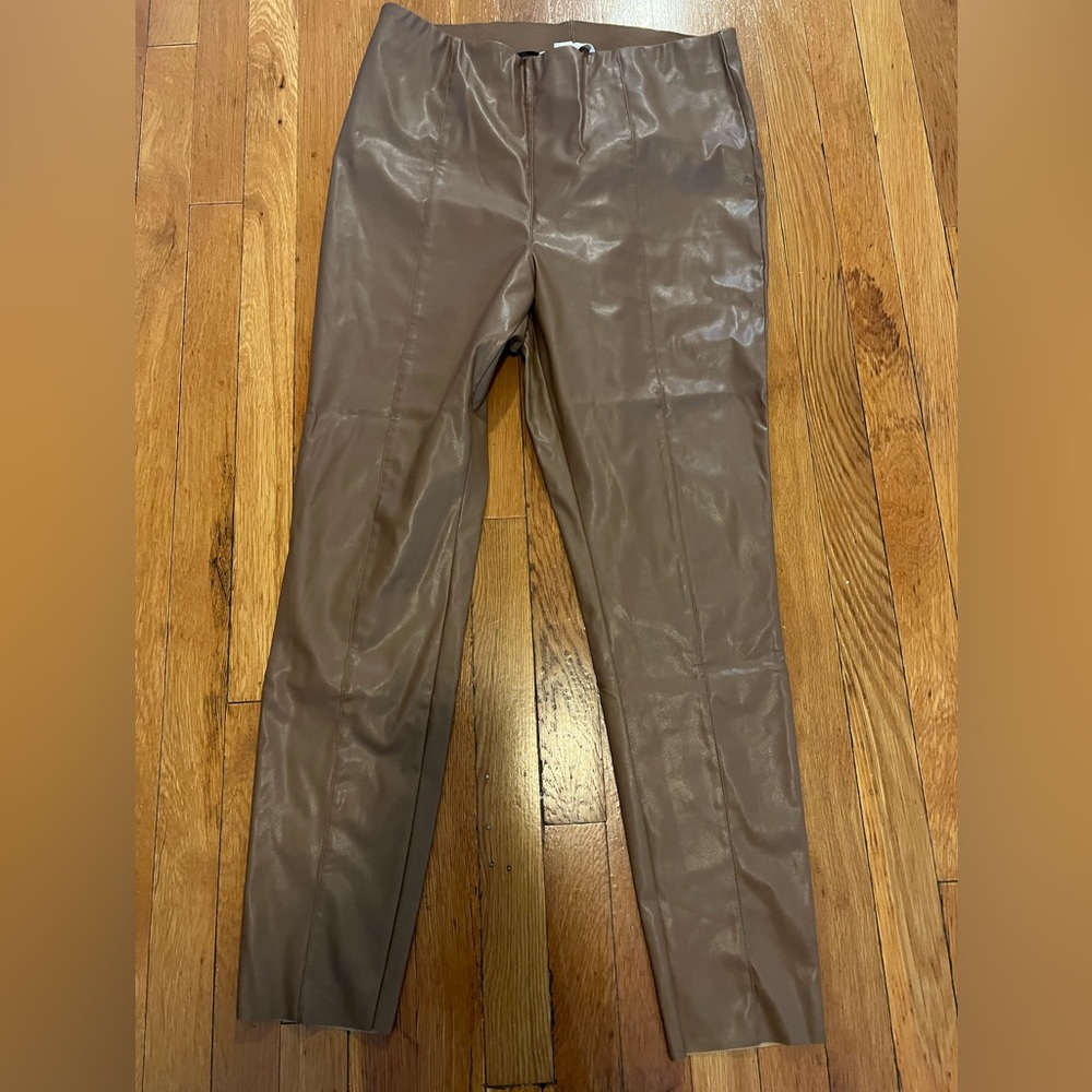 H&M tan camel vegan leather pants elastic band pull on skinny pants 14 12 10